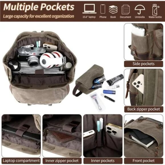 New Waxed Canvas Retro Backpack Rucksack Army Green - Picture 3 of 9